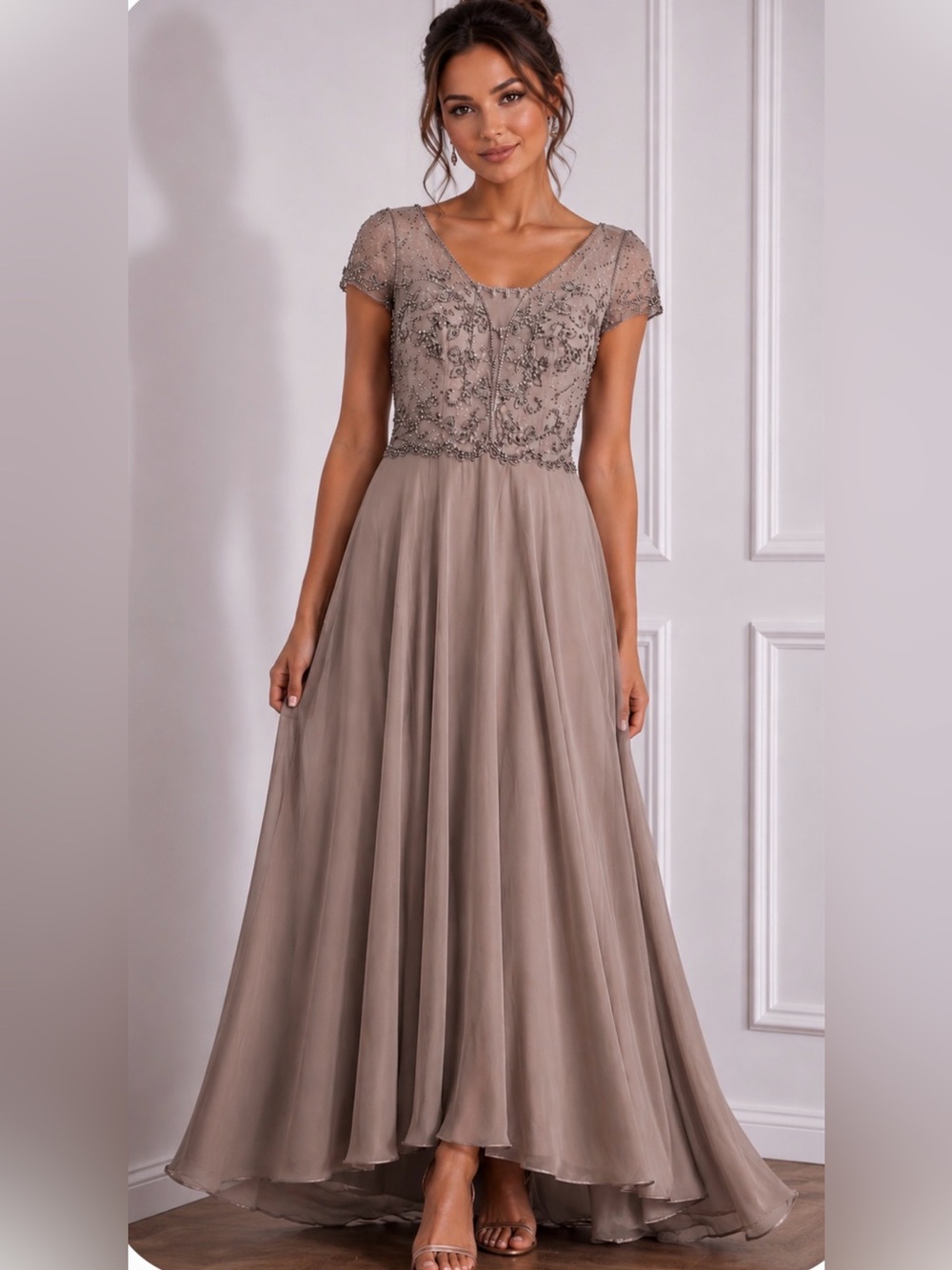 Dave & Johnny Taupe Embroidered Maxi Gown